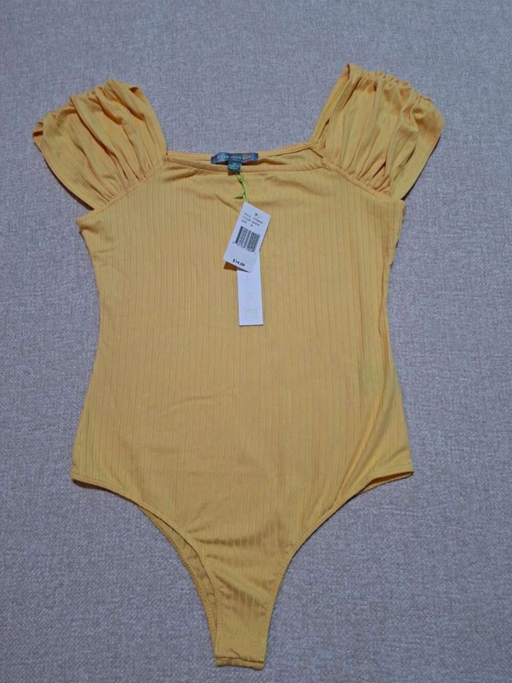 NWT Good Luck Gem Lemon Ribbed Puff Sleeve Square Neck Bodysuit M